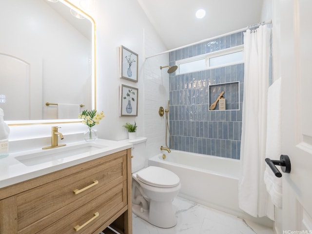95-161 Kauopae Pl, Mililani, HI 96789 - bathroom featuring vanity, shower / bath combination with curtain, marble look tiles, and recessed lighting