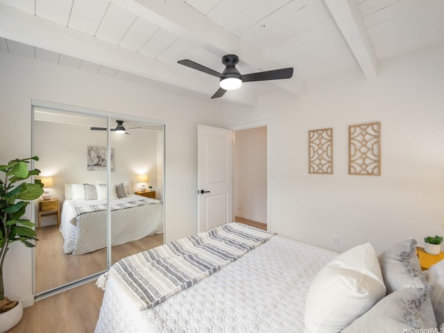 95-161 Kauopae Pl, Mililani, HI 96789 - bedroom with wood finished floors, a closet, ceiling fan, and a wood ceiling with exposed beams