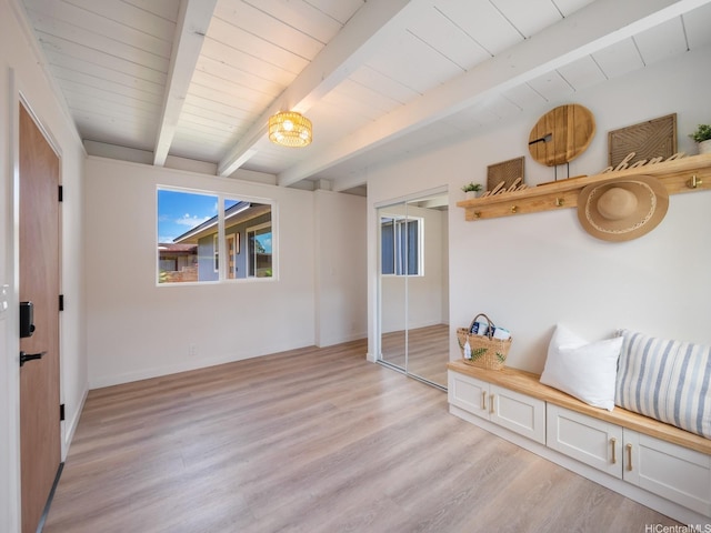 95-161 Kauopae Pl, Mililani, HI 96789 - mudroom featuring light wood-type flooring and a wood ceiling with exposed beams