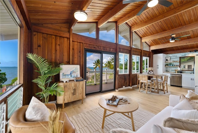 47-070 Laenani Dr Unit C, Kaneohe, HI 96744 - living room featuring a ceiling fan, wood walls, wooden ceiling, light wood-style floors, and a water view