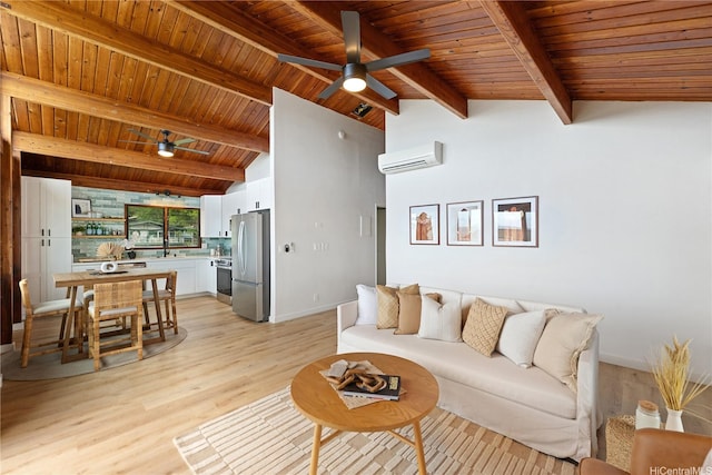 47-070 Laenani Dr Unit C, Kaneohe, HI 96744 - living room featuring ceiling fan, an AC wall unit, a wood ceiling with exposed beams, light wood-style flooring, and high vaulted ceiling