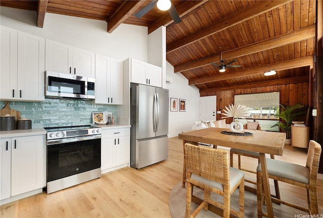 47-070 Laenani Dr Unit C, Kaneohe, HI 96744 - kitchen with stainless steel appliances, a ceiling fan, wood ceiling, backsplash, and white cabinets