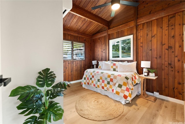 47-070 Laenani Dr Unit C, Kaneohe, HI 96744 - bedroom with wooden ceiling, wood walls, wood finished floors, a wall mounted AC, and a ceiling fan