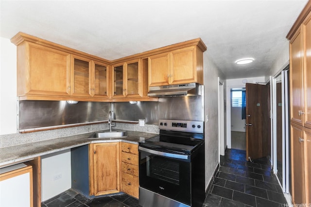 2211 Ala Wai Blvd Unit 2505, Honolulu, HI 96815 - kitchen featuring stainless steel electric range, under cabinet range hood, glass insert cabinets, and brown cabinetry