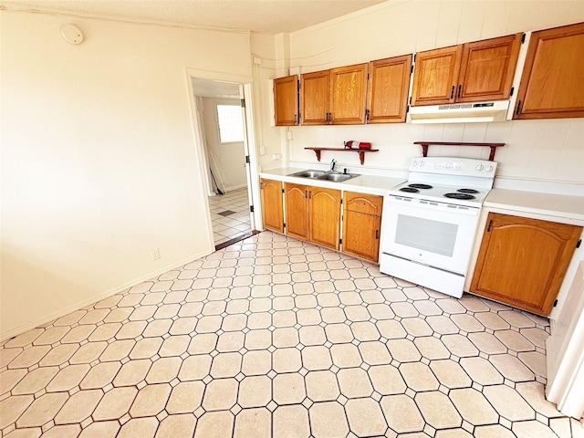 91-1206 Hanaloa St, Ewa Beach, HI 96706 - kitchen featuring white range with electric cooktop, under cabinet range hood, light floors, light countertops, and crown molding