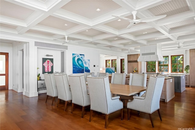 58-153 Napoonala Pl, Haleiwa, HI 96712 - dining area with a ceiling fan, coffered ceiling, wood finished floors, beam ceiling, and recessed lighting