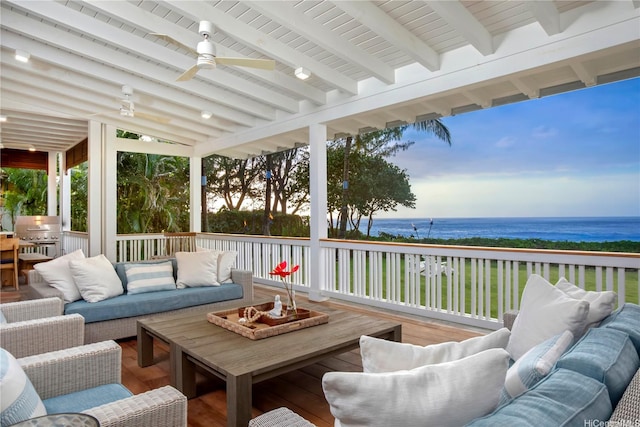 58-153 Napoonala Pl, Haleiwa, HI 96712 - wooden terrace with a water view, an outdoor living space, a grill, and a ceiling fan