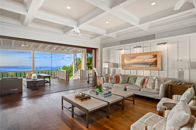 58-153 Napoonala Pl, Haleiwa, HI 96712 - living room featuring wood finished floors, coffered ceiling, beam ceiling, and a water view