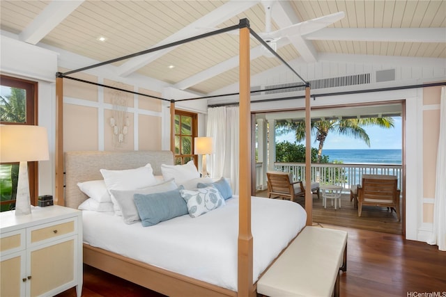 58-153 Napoonala Pl, Haleiwa, HI 96712 - bedroom featuring access to outside, dark wood finished floors, a water view, and wooden ceiling
