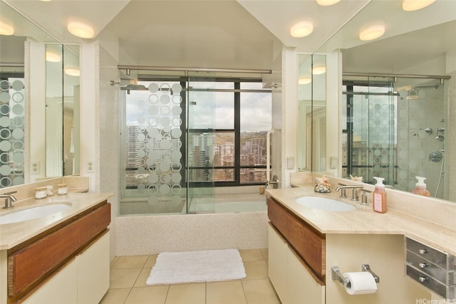 1221 Victoria St Unit 2301, Honolulu, HI 96814 - bathroom featuring tile patterned flooring, a tile shower, a bath, and vanity