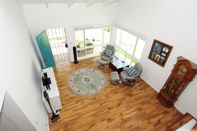 47-643 Hui Ulili St, Kaneohe, HI 96744 - living room featuring a high ceiling, beamed ceiling, and wood finished floors