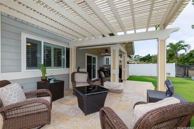 91-1268 Kilipue St, Ewa Beach, HI 96706 - fenced backyard featuring an outdoor living space, a ceiling fan, a pergola, and a patio area