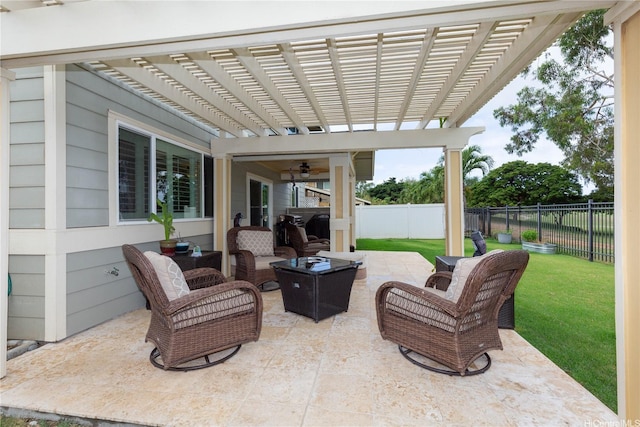 91-1268 Kilipue St, Ewa Beach, HI 96706 - fenced backyard with a pergola, an outdoor living space, ceiling fan, and a patio