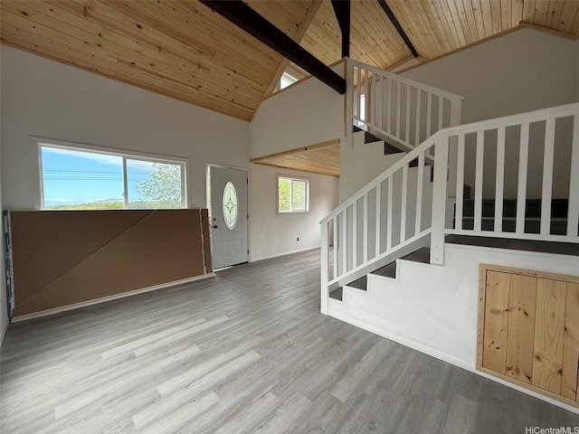 94-6342 Makai St, Naalehu, HI 96772 - foyer with a wood ceiling with exposed beams, high vaulted ceiling, stairway, and wood finished floors