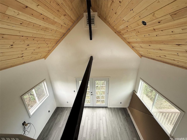 94-6342 Makai St, Naalehu, HI 96772 - unfurnished living room with wood ceiling, lofted ceiling, and wood finished floors