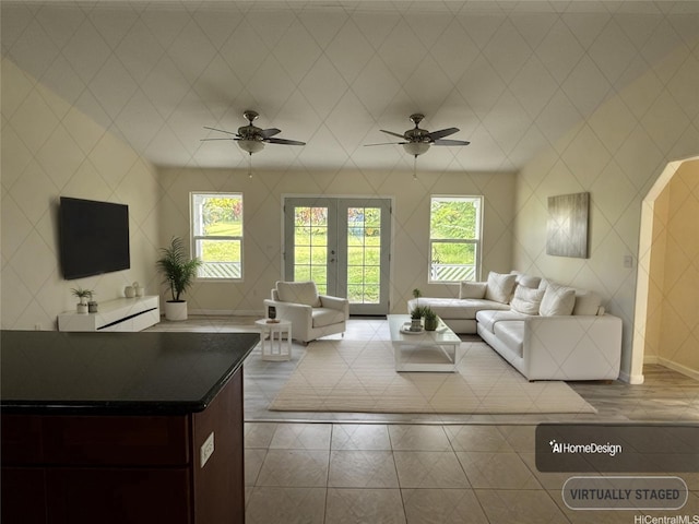16-2075 Vista Dr, Pahoa, HI 96778 - living room featuring ceiling fan, healthy amount of natural light, and french doors