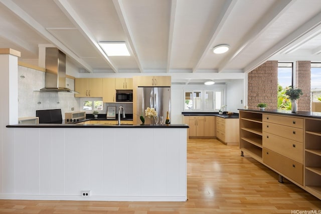 1806 Hoolaa Way, Pearl City, HI 96782 - kitchen featuring open shelves, a peninsula, dark countertops, light wood-type flooring, and beamed ceiling