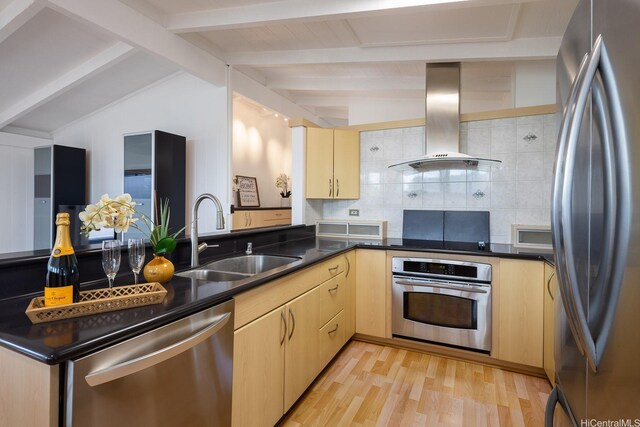 1806 Hoolaa Way, Pearl City, HI 96782 - kitchen with stainless steel appliances, wall chimney exhaust hood, light brown cabinetry, light wood-type flooring, and dark countertops