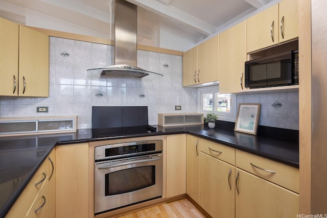1806 Hoolaa Way, Pearl City, HI 96782 - kitchen with wall chimney exhaust hood, black appliances, tasteful backsplash, beamed ceiling, and dark countertops