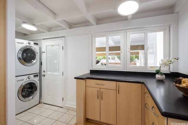 1806 Hoolaa Way, Pearl City, HI 96782 - laundry area with stacked washing machine and dryer, light tile patterned flooring, and cabinet space