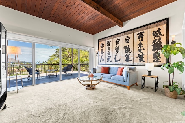 222 Kawaikui Pl, Honolulu, HI 96821 - carpeted living area featuring a wooden ceiling with exposed beams and healthy amount of natural light