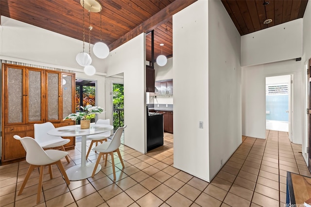 222 Kawaikui Pl, Honolulu, HI 96821 - dining area with wood ceiling, a high ceiling, and light tile patterned floors