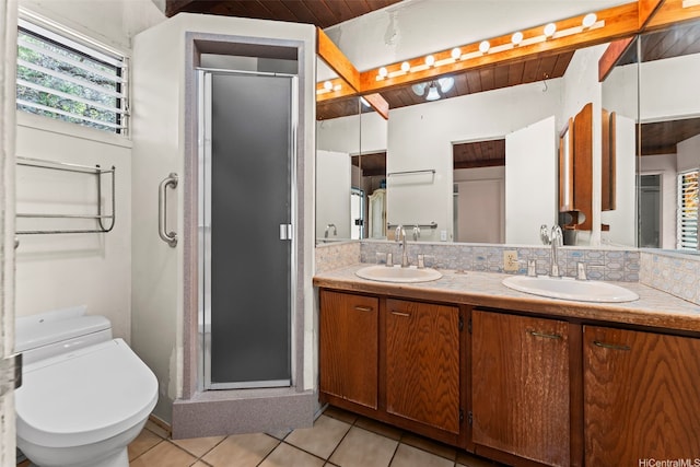 222 Kawaikui Pl, Honolulu, HI 96821 - bathroom featuring double vanity, tile patterned floors, a stall shower, and wood ceiling
