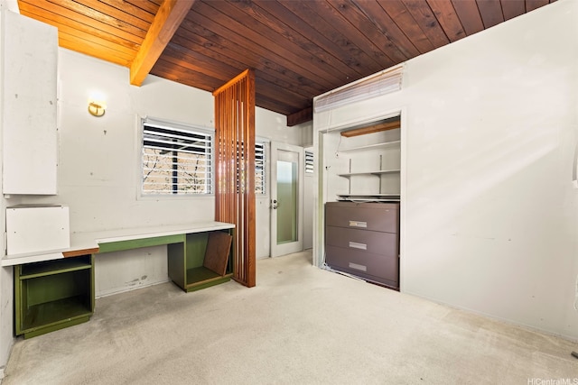 222 Kawaikui Pl, Honolulu, HI 96821 - interior space with a wood ceiling with exposed beams and carpet flooring