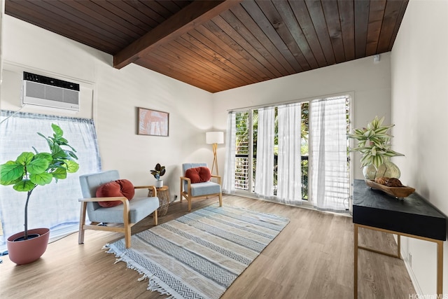 222 Kawaikui Pl, Honolulu, HI 96821 - living area with wood finished floors, a wood ceiling with exposed beams, and a wall mounted air conditioner
