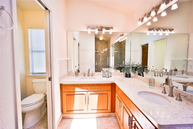 94-1043 Alelo St, Waipahu, HI 96797 - full bathroom with double vanity, a stall shower, vaulted ceiling, and tile patterned flooring
