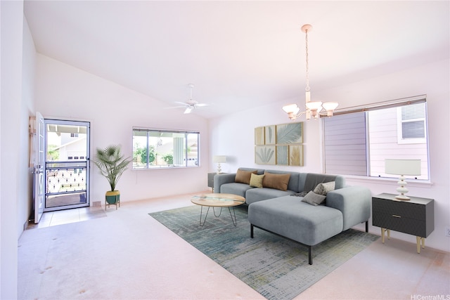 94-1043 Alelo St, Waipahu, HI 96797 - living area featuring carpet floors, a chandelier, vaulted ceiling, and a ceiling fan