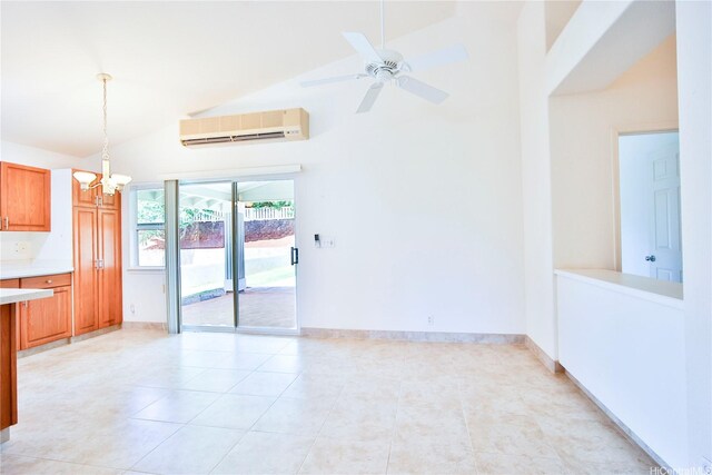 94-1043 Alelo St, Waipahu, HI 96797 - empty room featuring an AC wall unit, high vaulted ceiling, a chandelier, light tile patterned flooring, and a ceiling fan