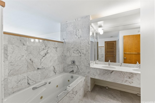 1330 Ala Moana Blvd Unit 3305, Honolulu, HI 96814 - full bath featuring double vanity, marble finish flooring, and a combined bath / shower with jetted tub
