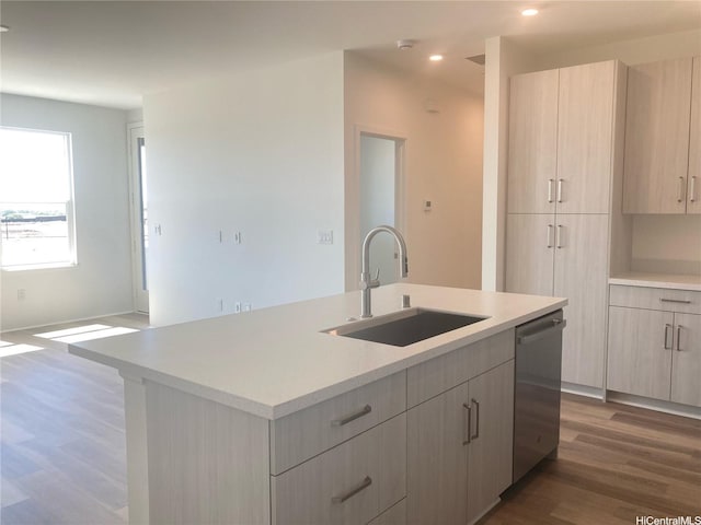 91-1101 Franklin D Roosevelt Ave Unit 365, Kapolei, HI 96707 - kitchen featuring stainless steel dishwasher, light countertops, a center island with sink, dark wood-style floors, and modern cabinets
