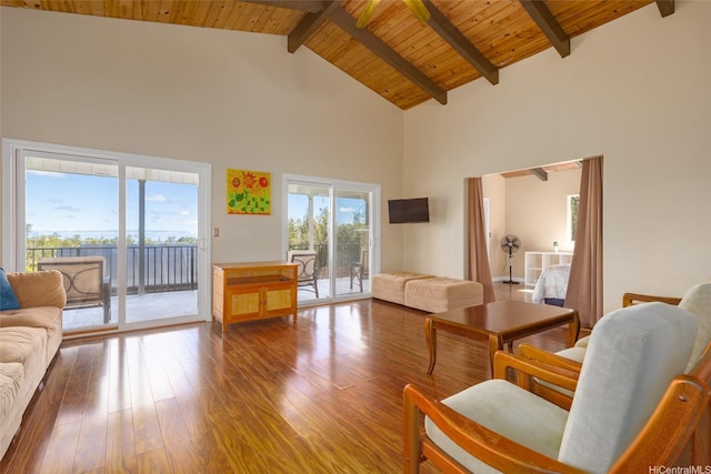 11-3064 Lehua St, Mountain View, HI 96771 - living room featuring high vaulted ceiling, wood finished floors, and a wooden ceiling with exposed beams