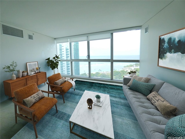 1177 Queen St Unit 3405, Honolulu, HI 96814 - living area featuring carpet floors and expansive windows