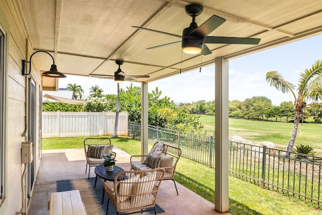 91-497 Kuhialoko St, Ewa Beach, HI 96706 - fenced backyard featuring a ceiling fan, a patio, golf course view, and outdoor lounge area
