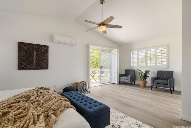 91-497 Kuhialoko St, Ewa Beach, HI 96706 - bedroom featuring access to outside, lofted ceiling, an AC wall unit, light wood-style floors, and ceiling fan