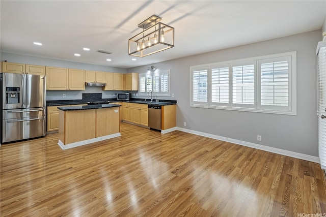 91-324 Kailike Pl, Ewa Beach, HI 96706 - kitchen featuring light brown cabinets, stainless steel appliances, a chandelier, recessed lighting, and a center island