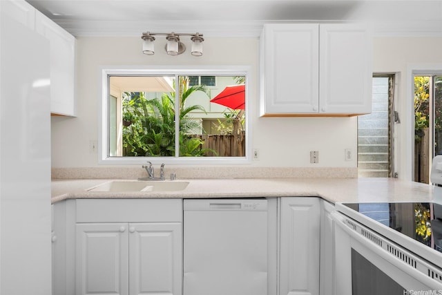 356 Opihikao Pl Unit 542, Honolulu, HI 96825 - kitchen with white appliances, white cabinetry, ornamental molding, and light countertops