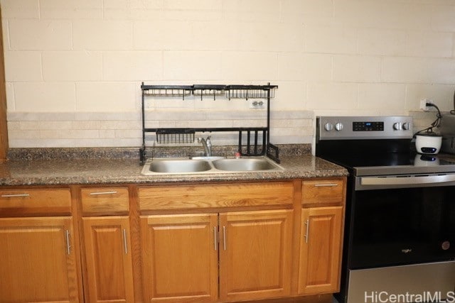 94-245 Leowahine St Unit 3009, Waipahu, HI 96797 - kitchen with stainless steel electric range, dark countertops, brown cabinetry, and backsplash