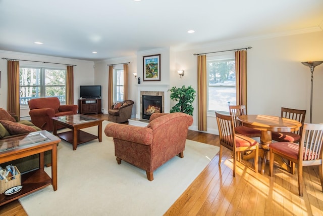 living room featuring ornamental molding, a fireplace, and light hardwood / wood-style flooring