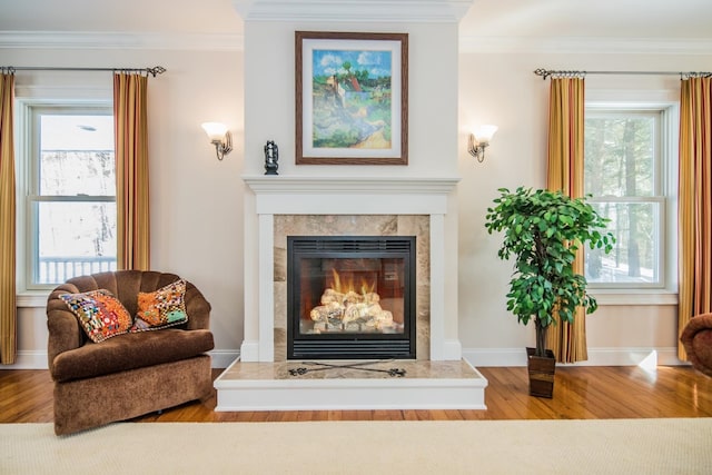 living room featuring crown molding and light hardwood / wood-style flooring