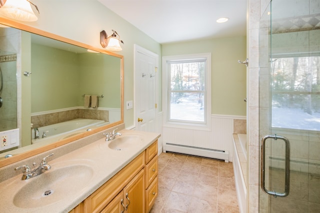 bathroom with independent shower and bath, dual bowl vanity, tile floors, and baseboard heating