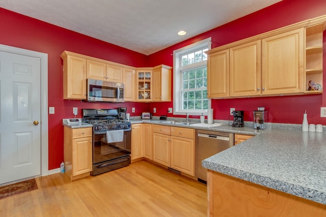 kitchen with light brown cabinets, sink, stainless steel appliances, and light hardwood / wood-style floors