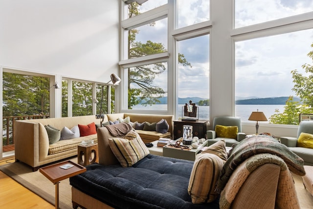 living room featuring a water view, a high ceiling, and hardwood / wood-style flooring