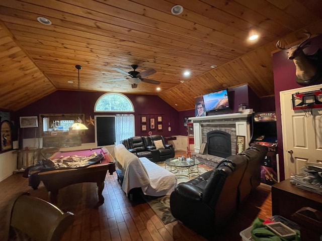 living room with ceiling fan, lofted ceiling, dark hardwood / wood-style floors, and wood ceiling