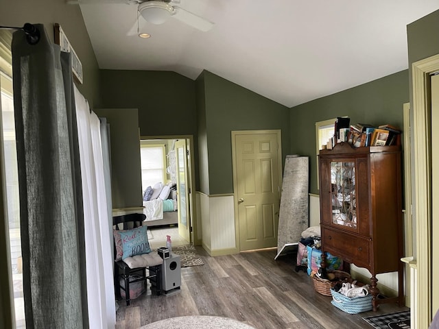 interior space featuring ceiling fan, lofted ceiling, and wood-type flooring