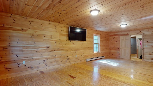 unfurnished room featuring a baseboard heating unit, wooden ceiling, and light wood-type flooring