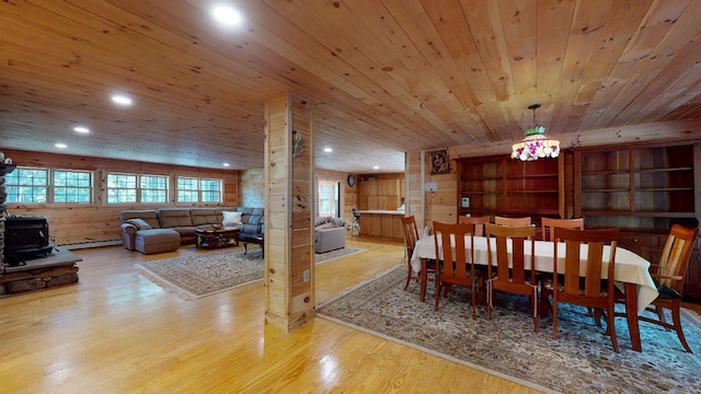 dining area with wooden walls, plenty of natural light, light hardwood / wood-style floors, and wooden ceiling